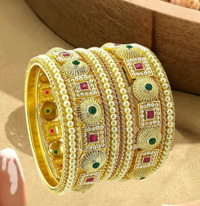 Gold-Tone Traditional Red & Green Stone Bangle Set – VJM01