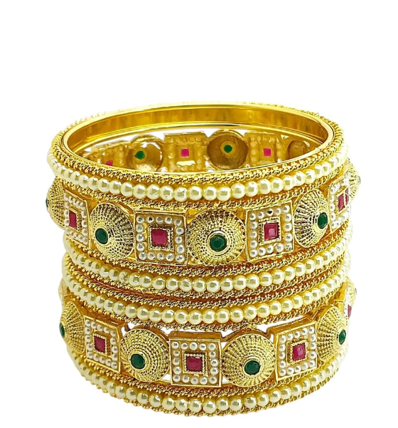Gold-Tone Traditional Red & Green Stone Bangle Set – VJM01