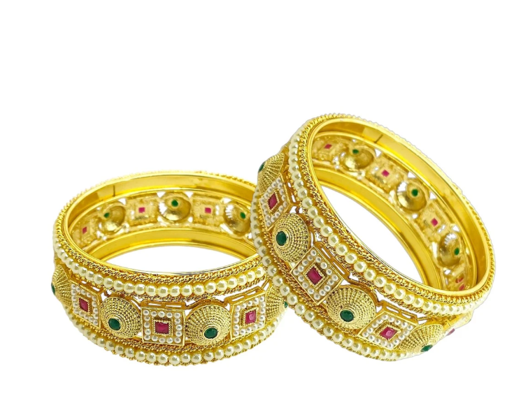 Gold-Tone Traditional Red & Green Stone Bangle Set – VJM01