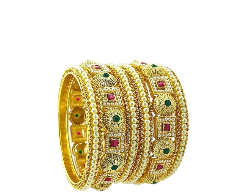 Gold-Tone Traditional Red & Green Stone Bangle Set – VJM01