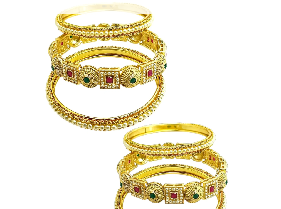 Gold-Tone Traditional Red & Green Stone Bangle Set – VJM01