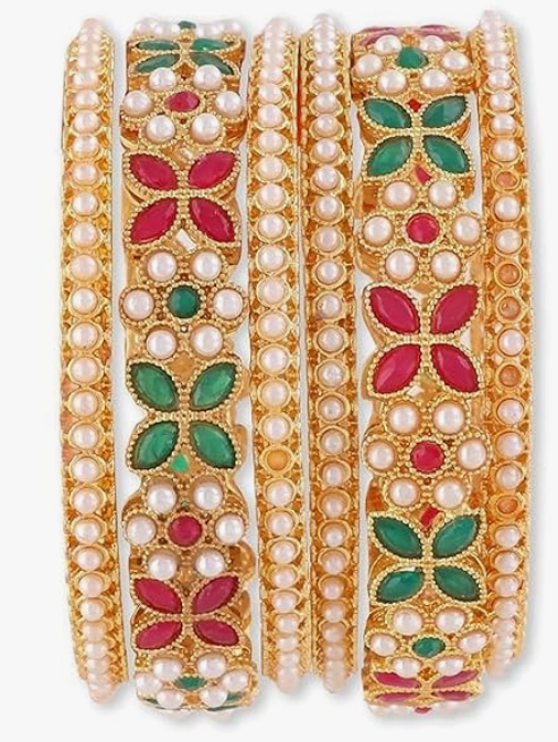 Elegant Pearl Floral Gold-Plated Bangle Set – VJM02
