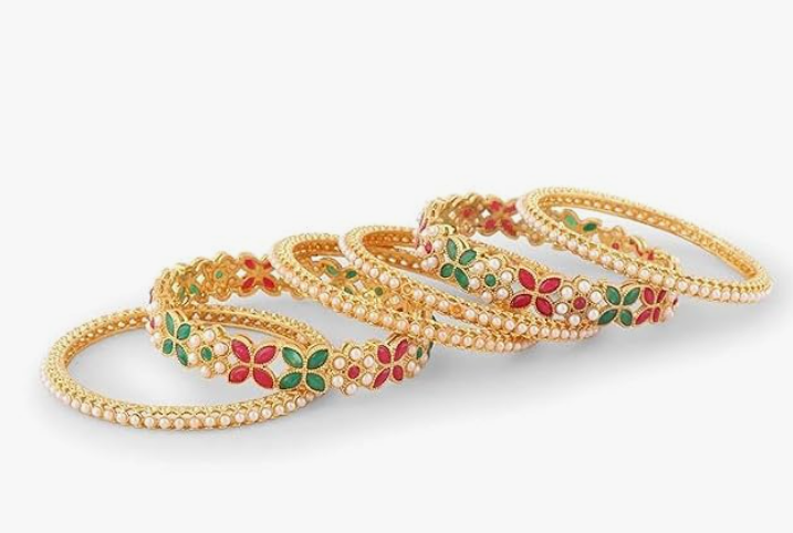 Elegant Pearl Floral Gold-Plated Bangle Set – VJM02