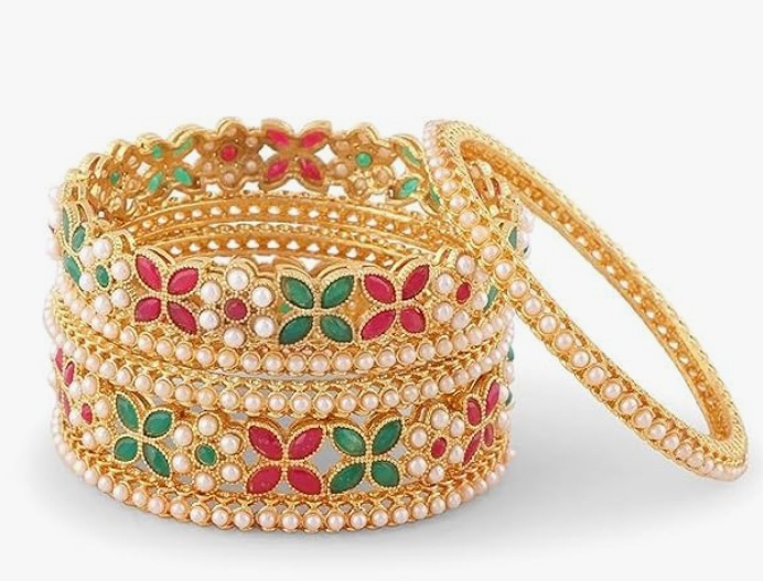 Elegant Pearl Floral Gold-Plated Bangle Set – VJM02