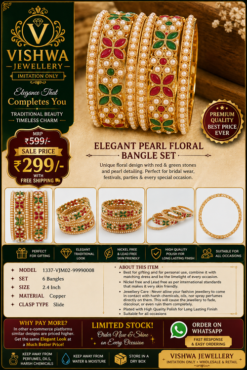Elegant Pearl Floral Gold-Plated Bangle Set – VJM02