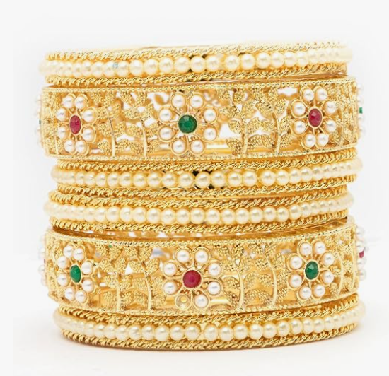 Gold-Plated Floral Pearl Bangle Set – VJM03