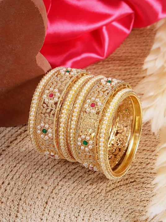Gold-Plated Floral Pearl Bangle Set – VJM03
