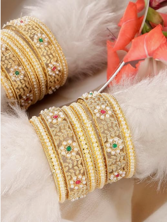 Gold-Plated Floral Pearl Bangle Set – VJM03