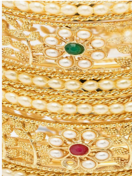 Gold-Plated Floral Pearl Bangle Set – VJM03