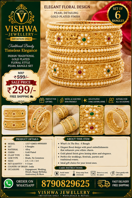 Gold-Plated Floral Pearl Bangle Set – VJM03