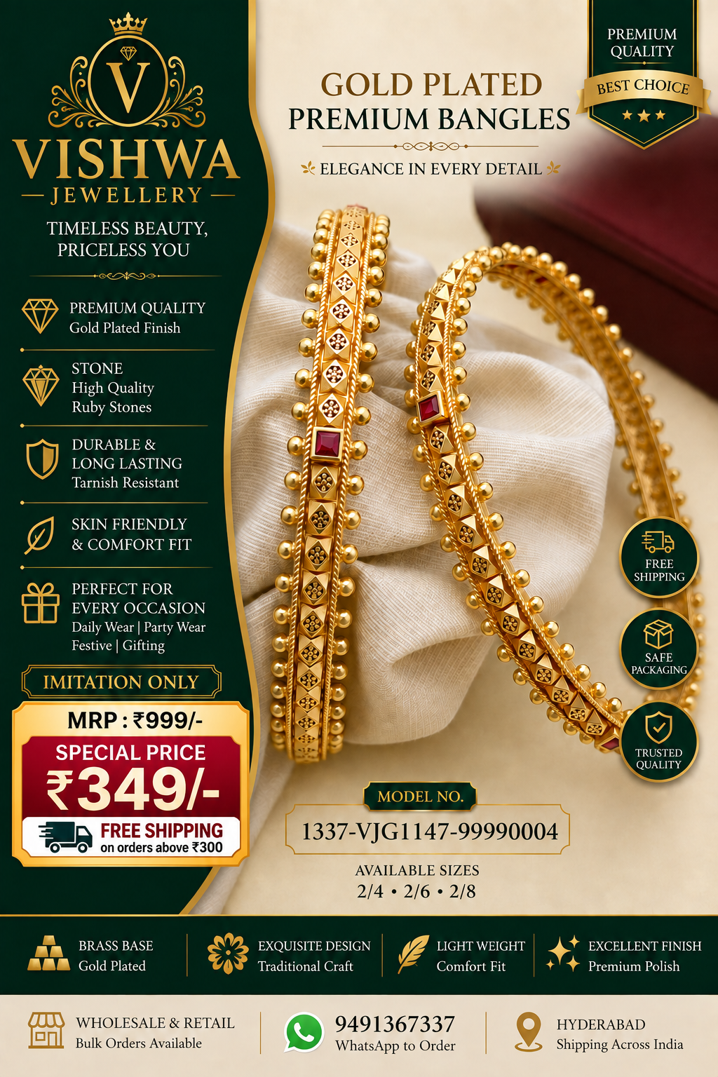 Gold-Plated Premium Ruby Stone Bangles – G-1147