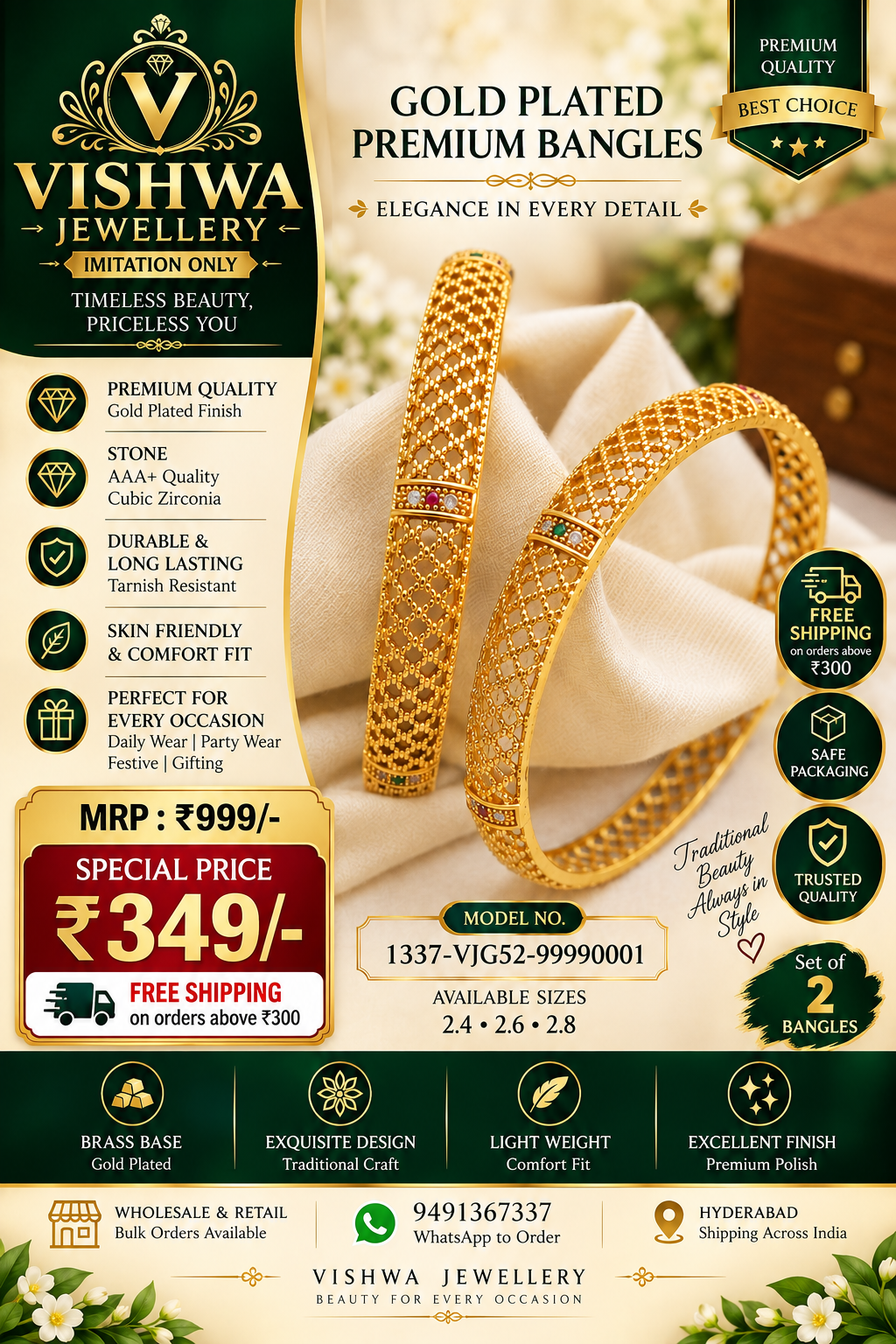 PREMIUM GOLD-PLATED CUBIC ZIRCONIA BANGLE SET – VJG52