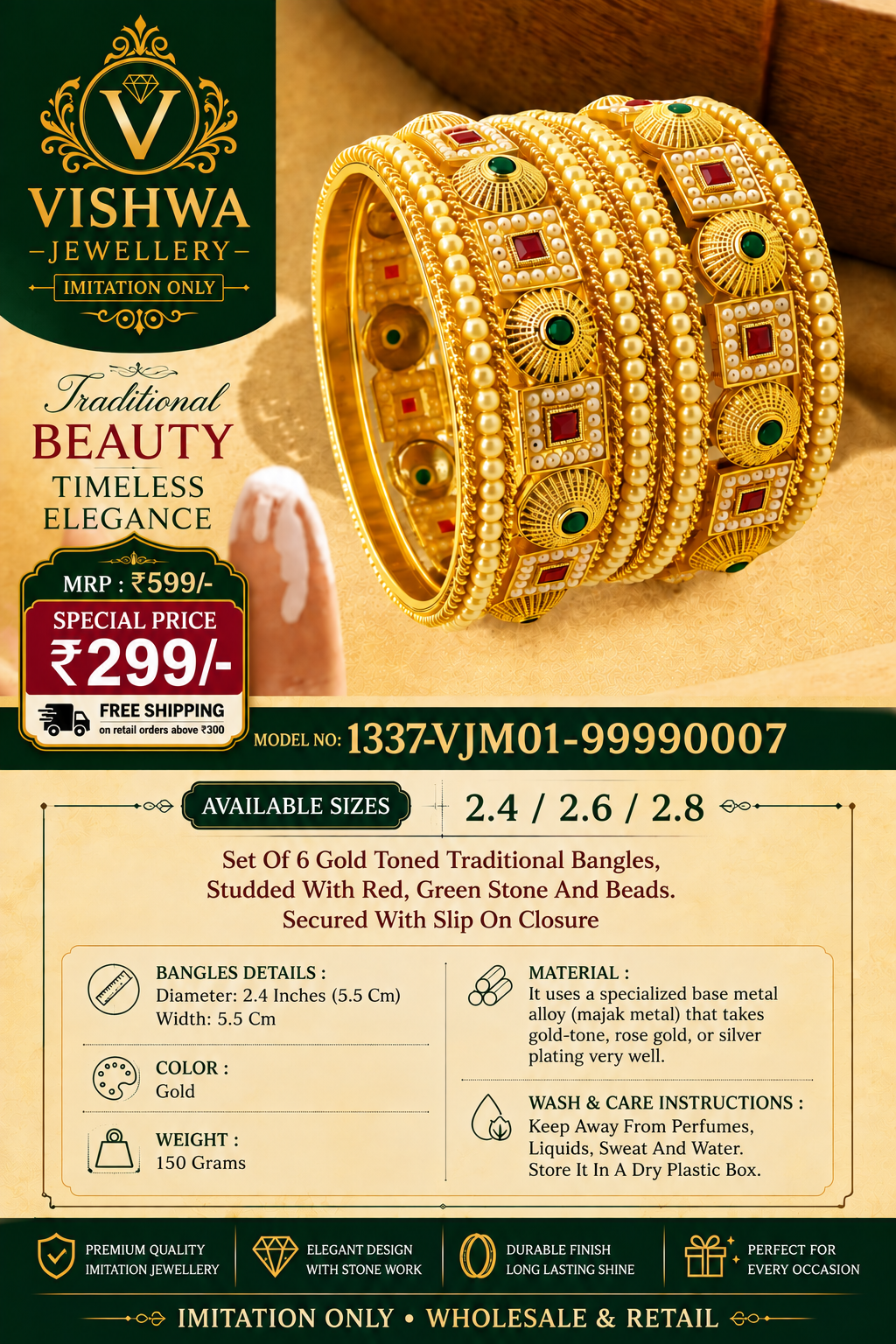 Gold-Tone Traditional Red & Green Stone Bangle Set – VJM01