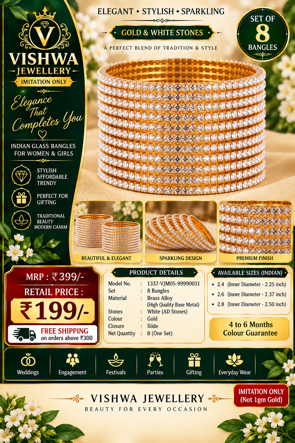 Gold-Plated White Stone Bangles Set of 8 – VJM05