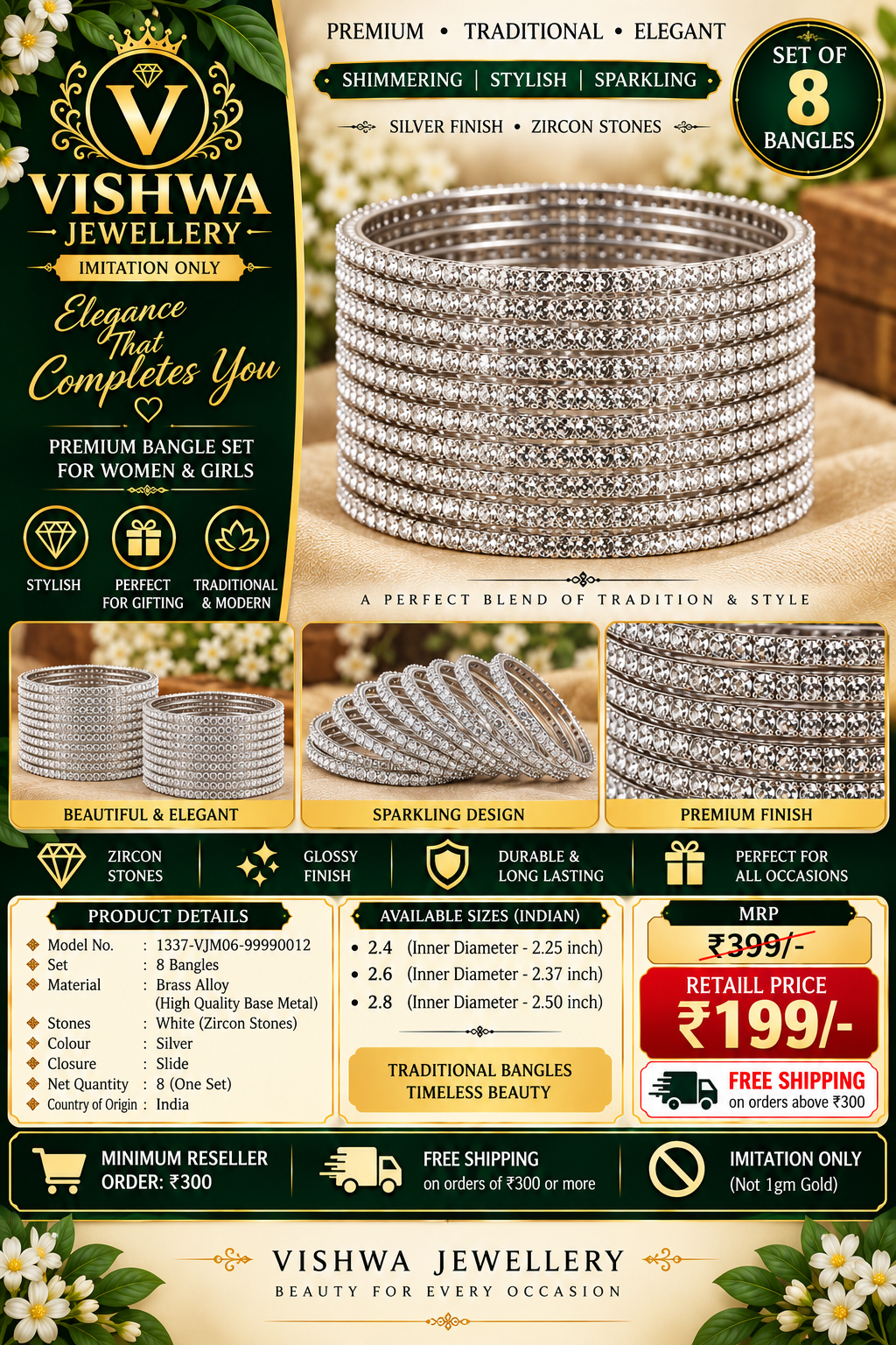 Silver-Finish Zircon Stone Bangles Set of 8 – VJM06