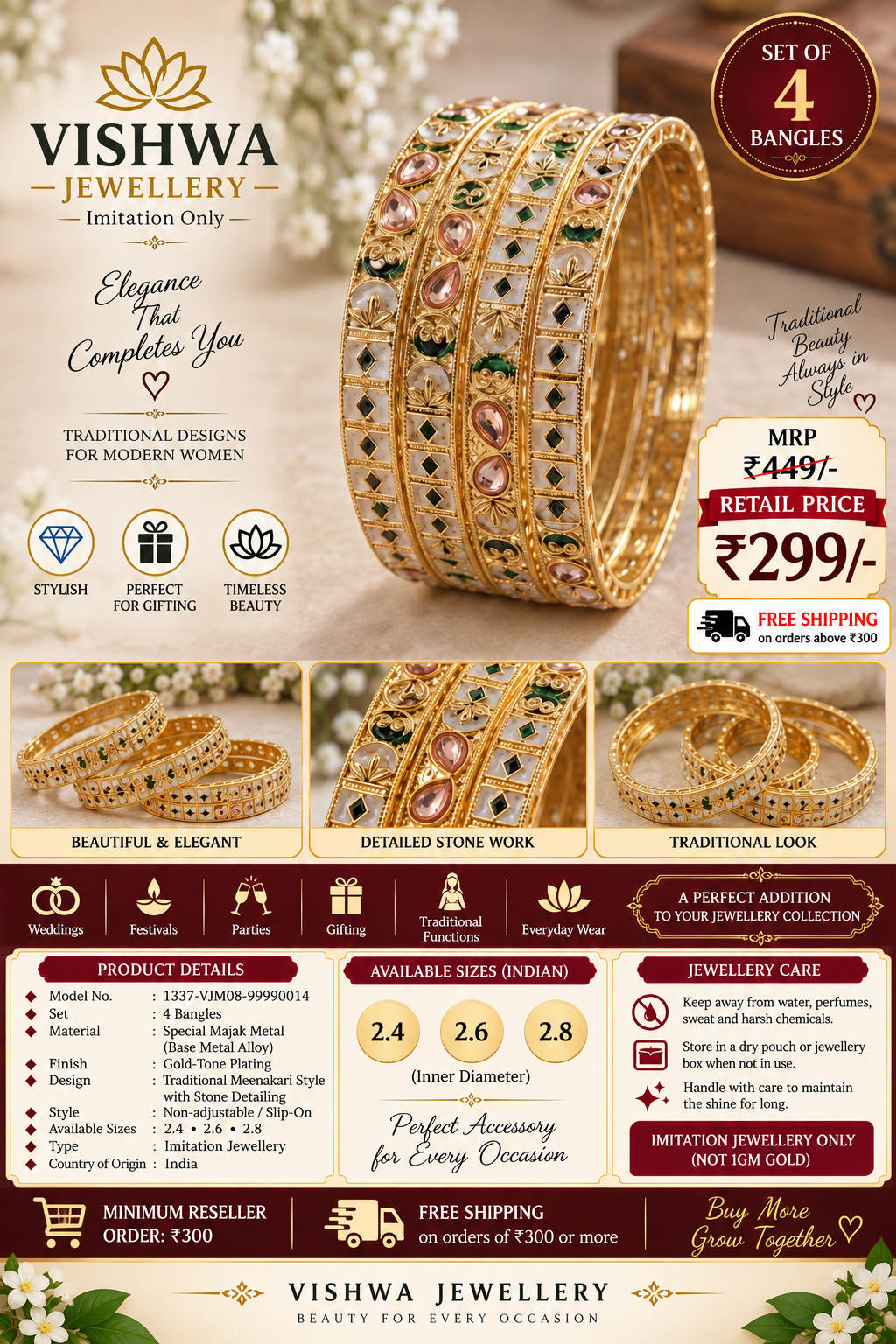 ✨ Gold-Tone Traditional Meenakari Style Bangles – Set of 4