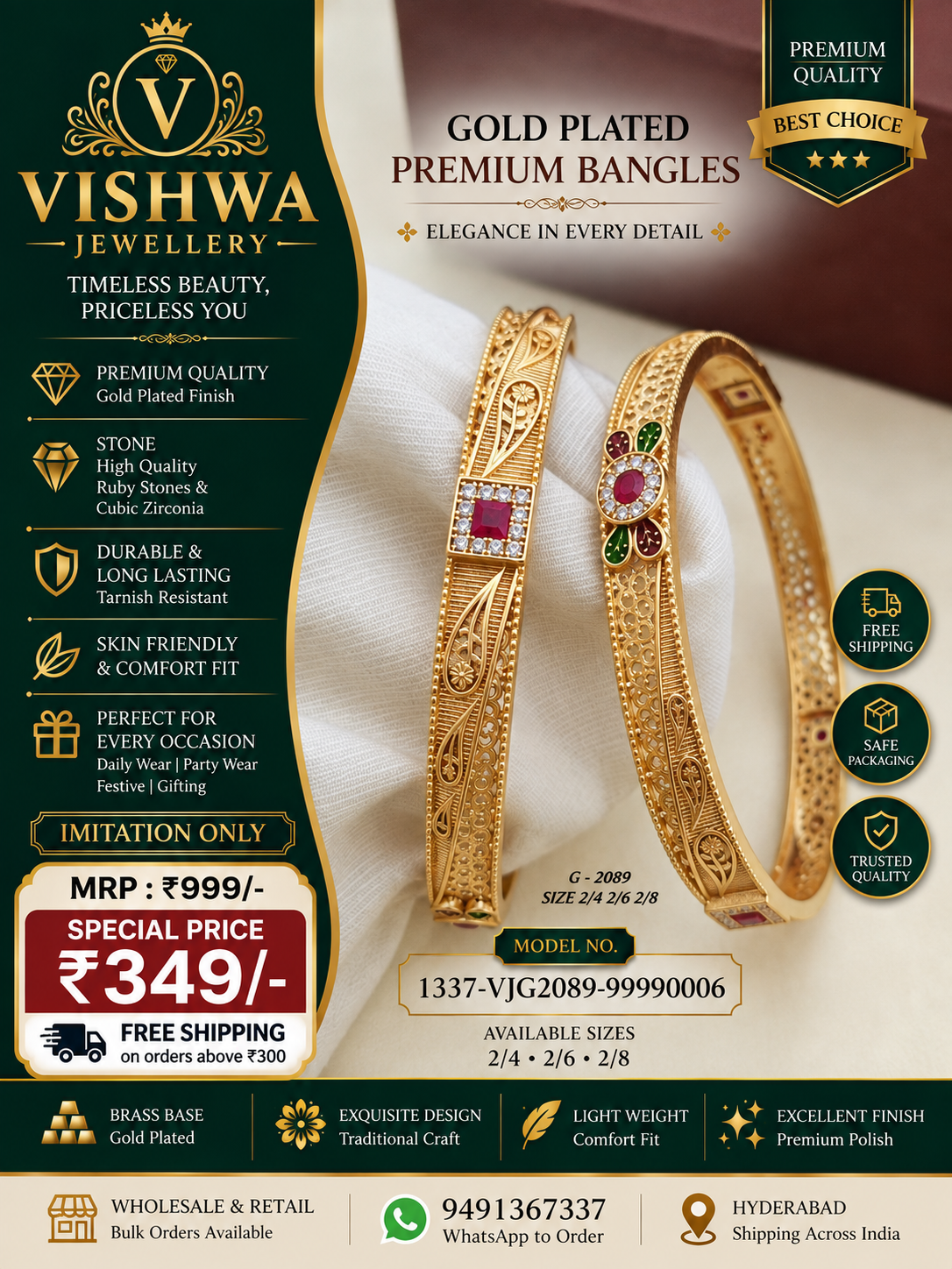 Gold-Plated Premium Ruby & Multicolour Stone Bangles – G-2089