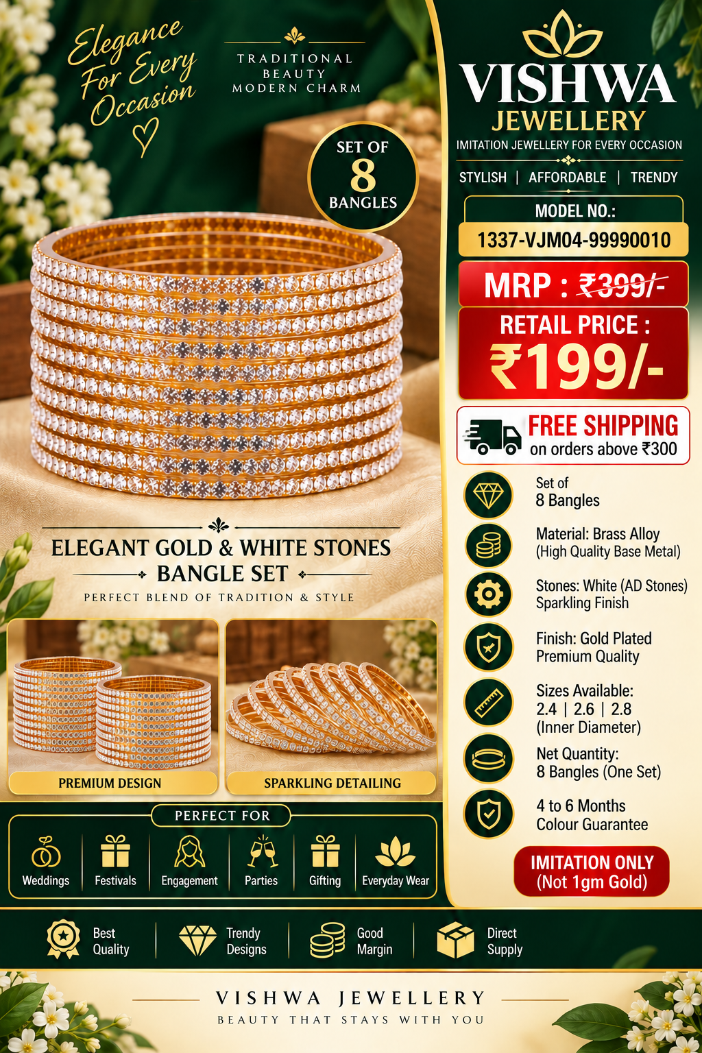 Gold-Plated White Stone Bangles Set of 8 – VJM04