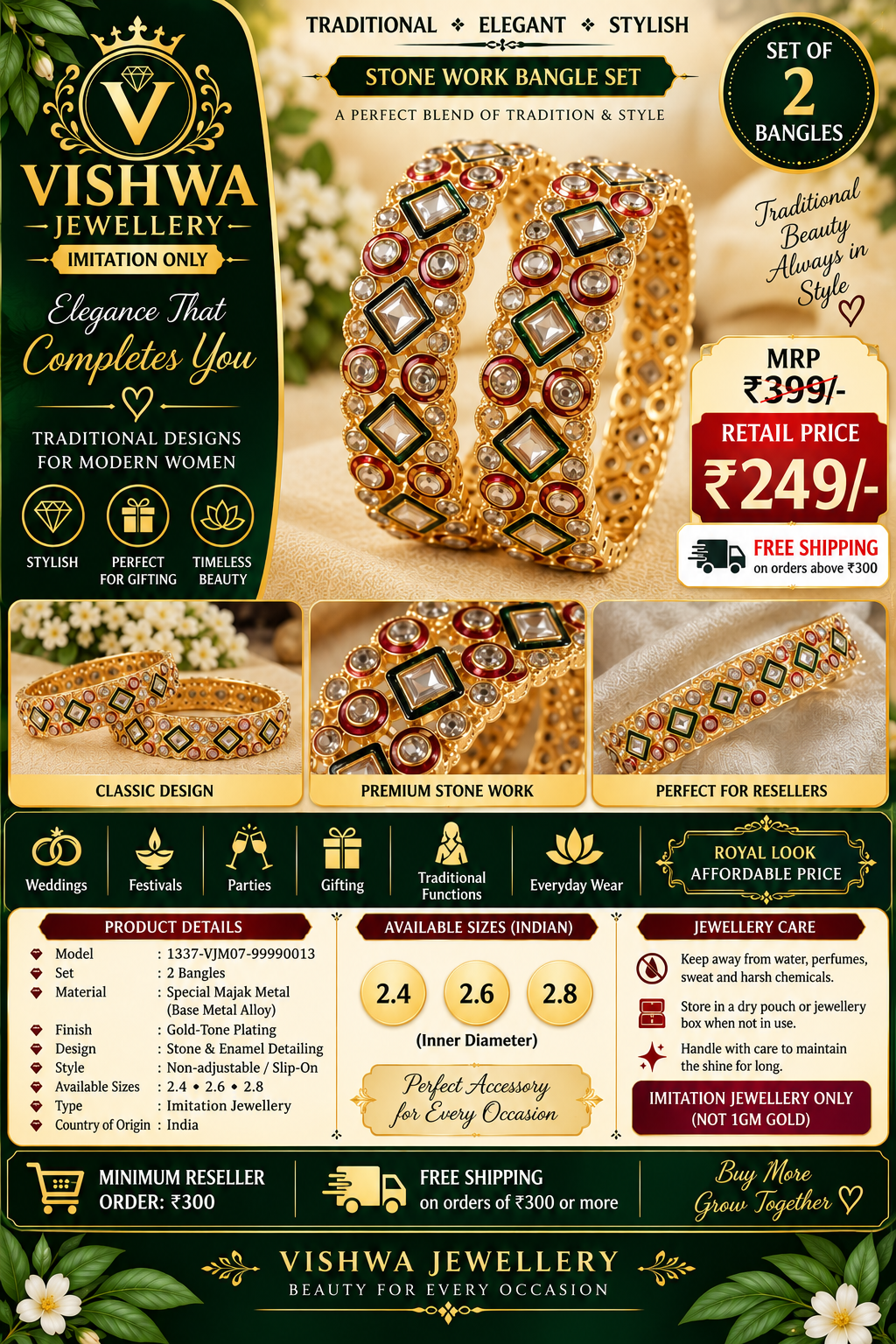 Stone Work & Enamel Gold-Tone Bangle Set | VJM07