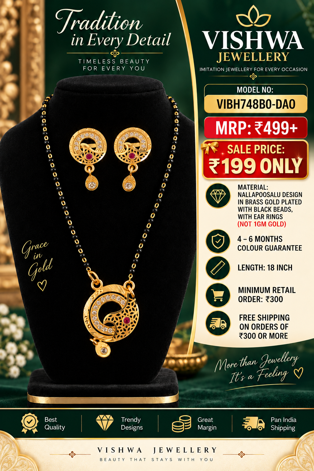 Gold-Plated Nallapusalu Mangalsutra with Matching Ear Rings