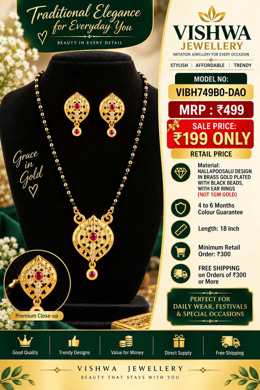 Gold-Plated Nallapusalu Mangalsutra with Matching Ear Rings VIBH749