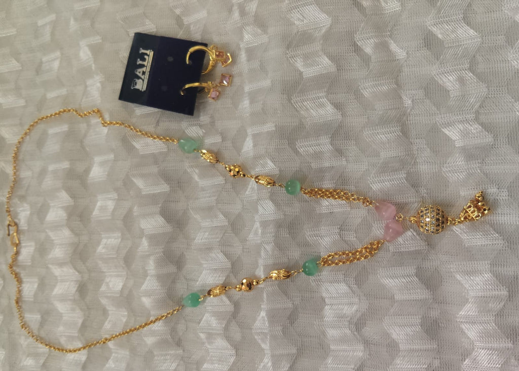 Micro Gold-Plated Beaded Mangalsutra with Pink AD Earrings