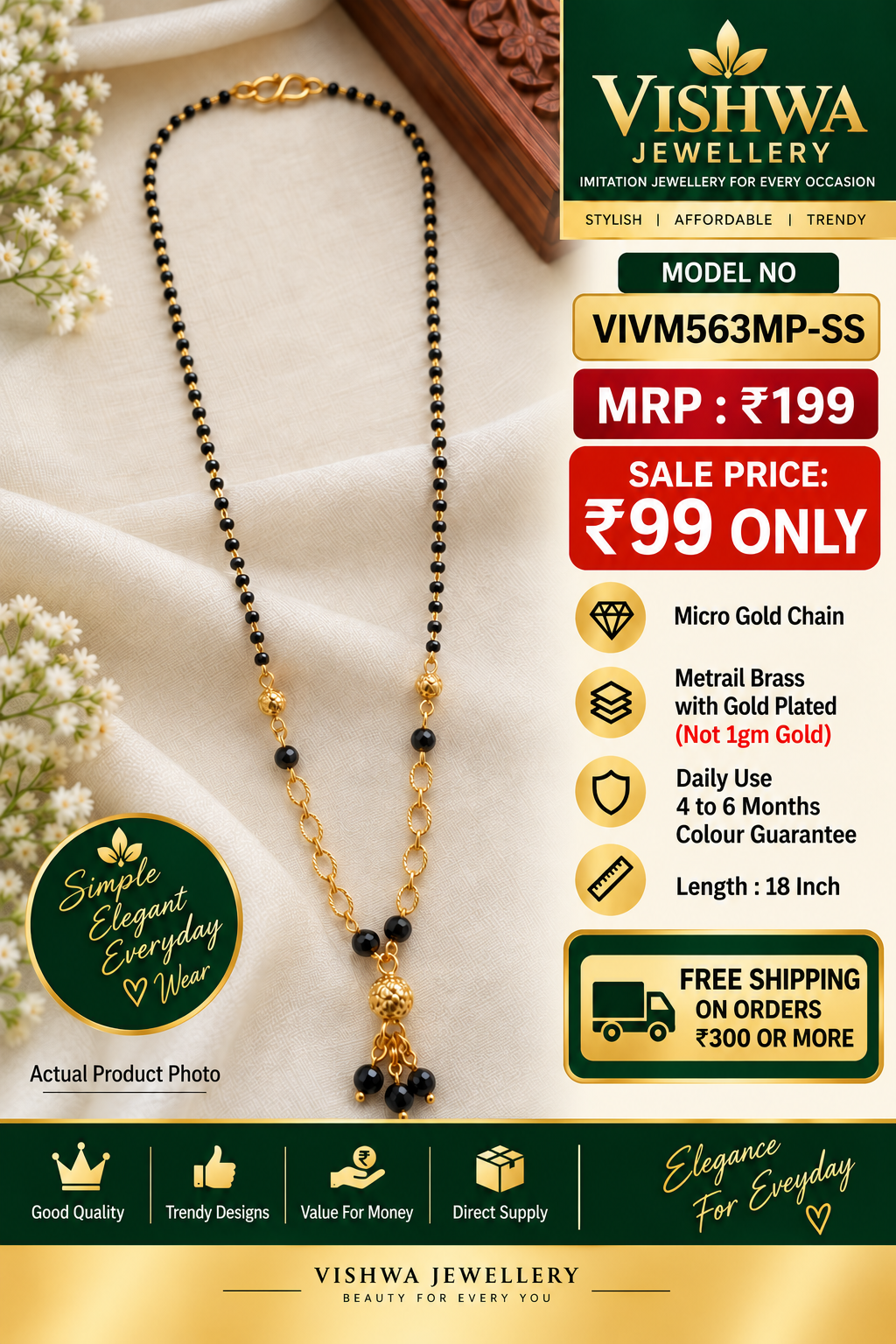 Gold-Plated Nallapusalu Black Beaded Necklace VIVM563MP