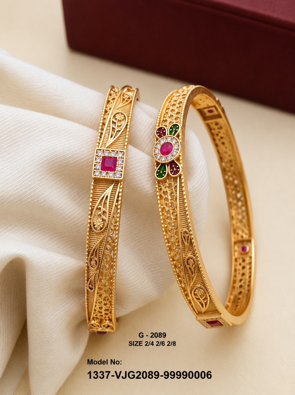 Gold-Plated Premium Ruby & Multicolour Stone Bangles – G-2089